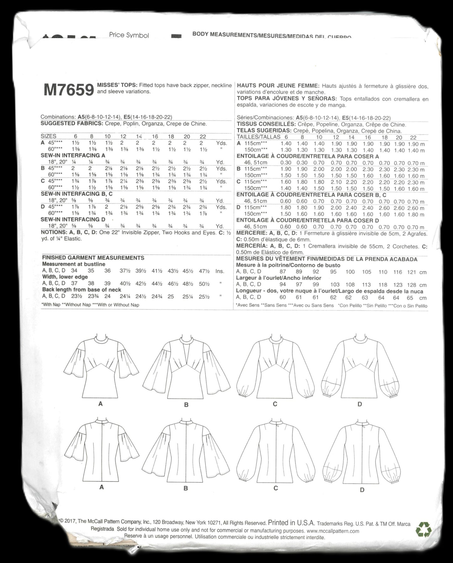 McCalls 7659 Laura Ashleuy Misses Tops Sewing Pattern - UNCUT - Size 6 8 10 12 14