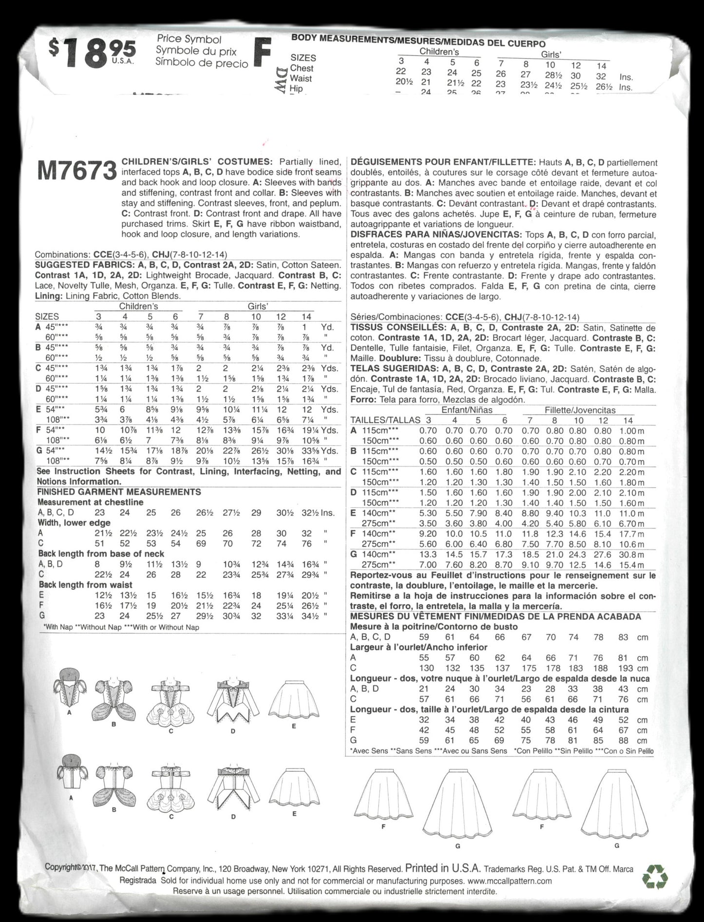 McCalls 7673 Girls Princess Cinderella, Snow white, Belle Costume Sewing Pattern - UNCUT - Size 7 8 10 12 14