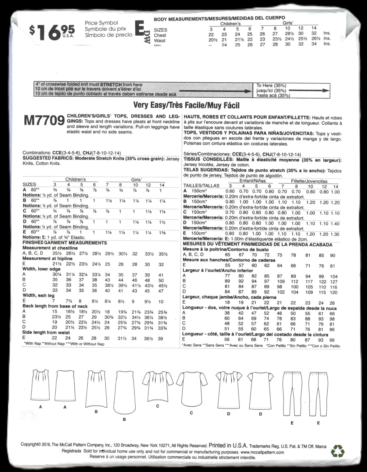 McCalls 7709 Girls Tops Dresses and Leggings Sewing Pattern - UNCUT Size  7 8 10 12 14