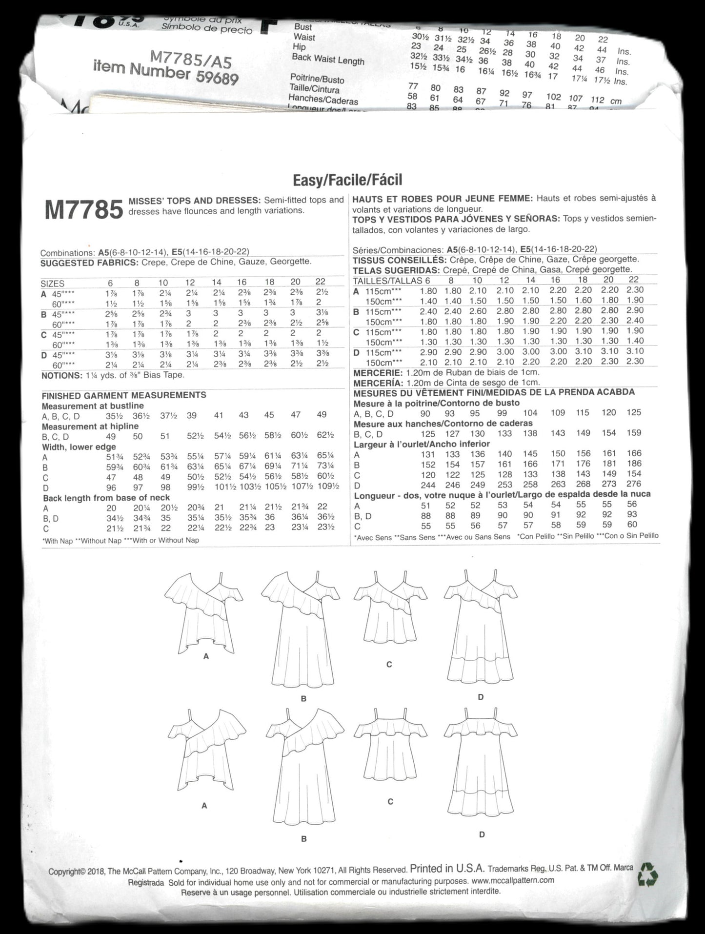 McCalls 7785 Misses Tops and Dresses Sewing Pattern - UNCUT - Size 6 8 10 12 14