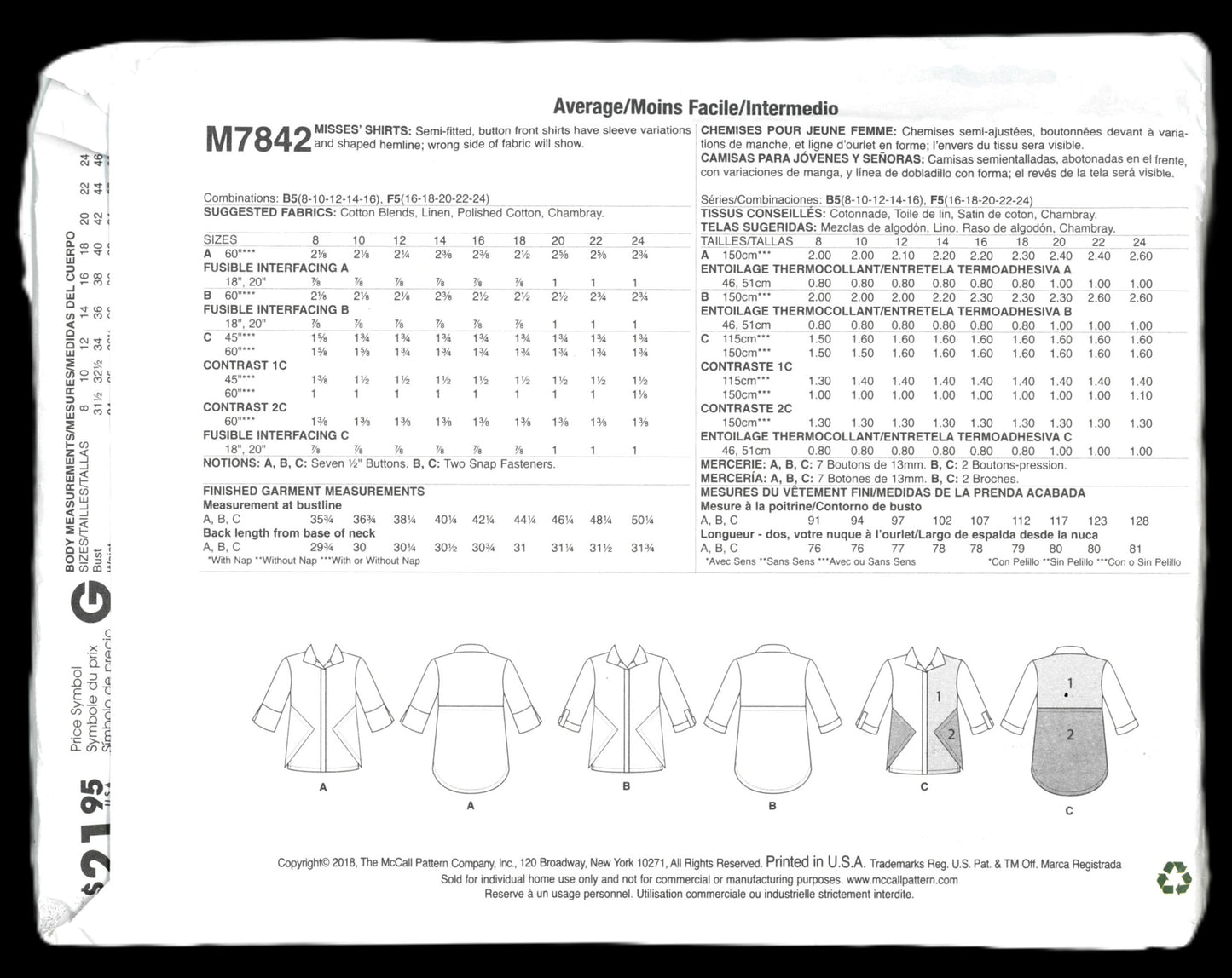 McCalls 7842 Palmer Pletsch Misses Shirts Sewing Pattern UNCUT - Size 16 18 20 22 24