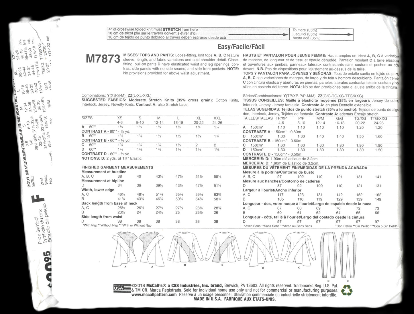 McCalls 7873 Misses Tops and Pants Sewing Pattern - UNCUT - Size Lrg, Xlg , XXL
