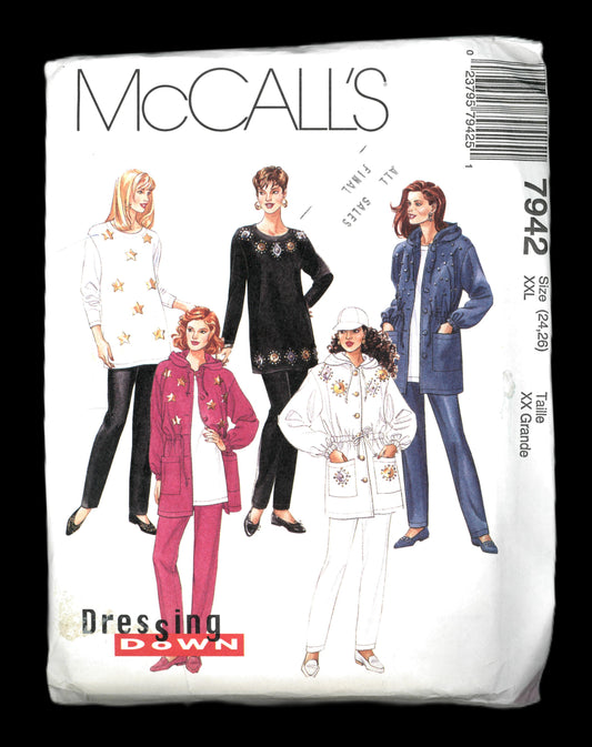 McCalls 7942 Misses Unlined jacket Tunic Pull on Pants Sewing Pattern - UNCUT - Size XxL (24,26)