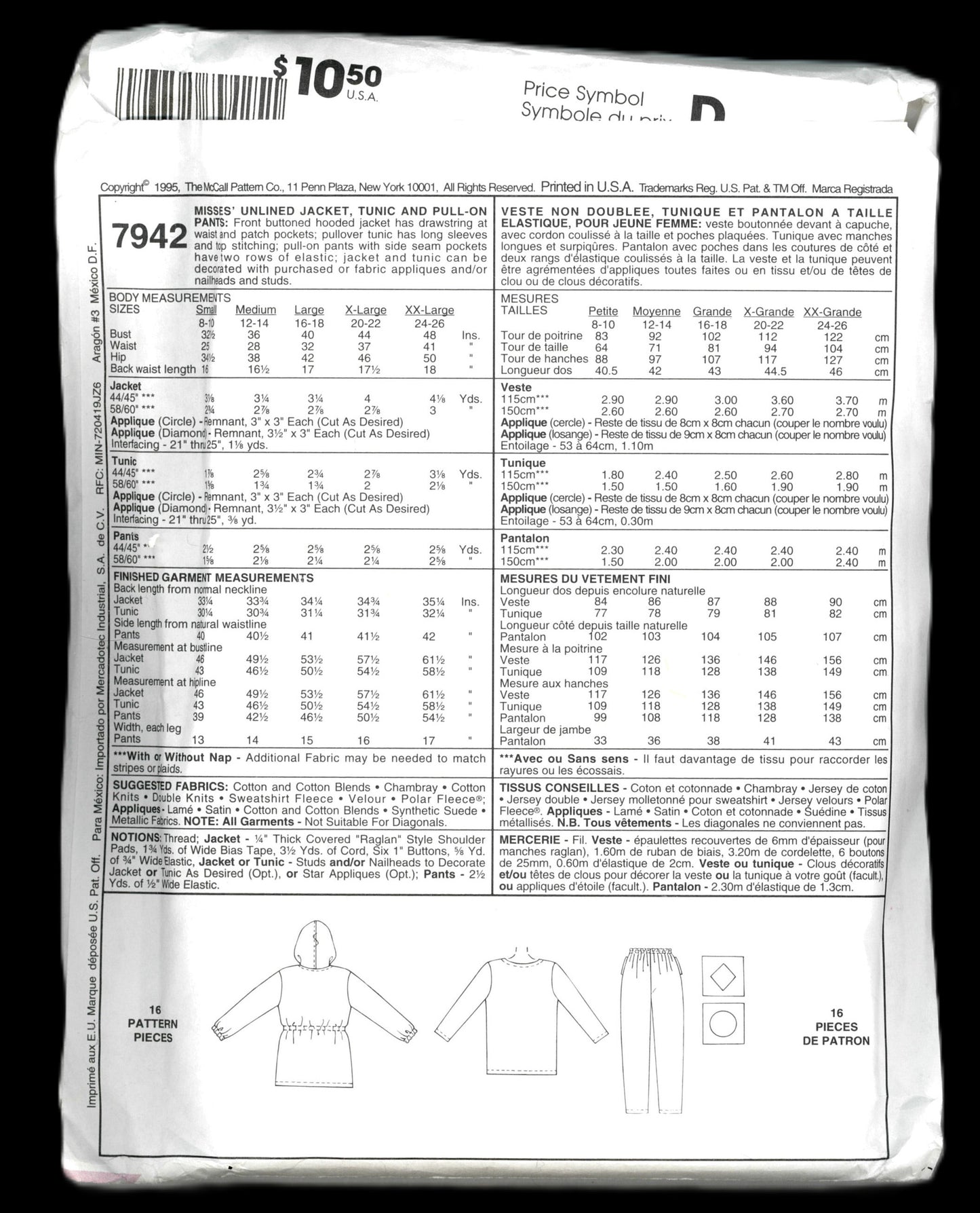 McCalls 7942 Misses Unlined jacket Tunic Pull on Pants Sewing Pattern - UNCUT - Size XxL (24,26)