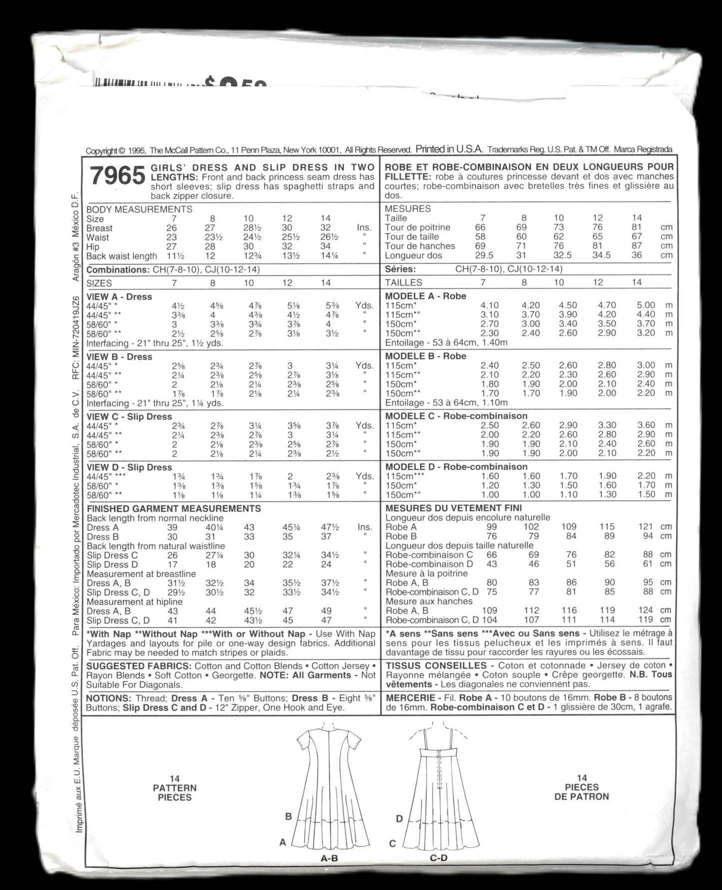 McCalls 7965 Girls Dress and Slip Dress in Two Lengths Sewing Pattern - UNCUT - Size 7 8 10