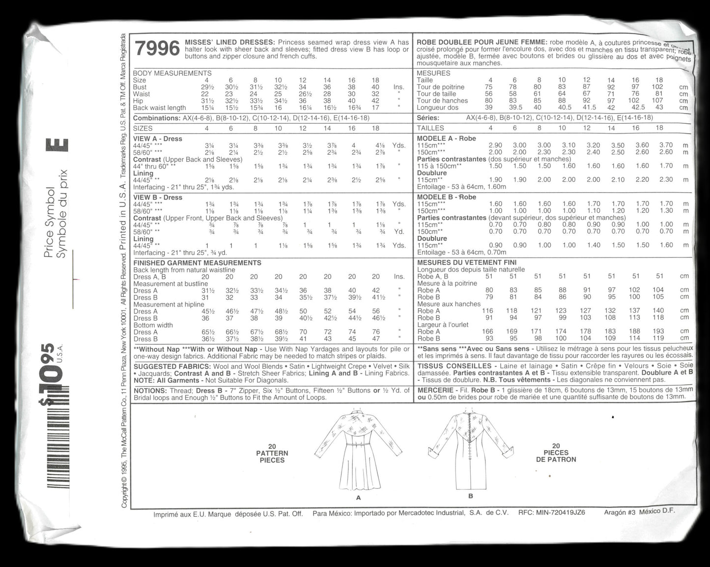 McCalls 7996 LAUNDRY Misses Lined Dresses Sewing Pattern - UNCUT - Size 8 10 12