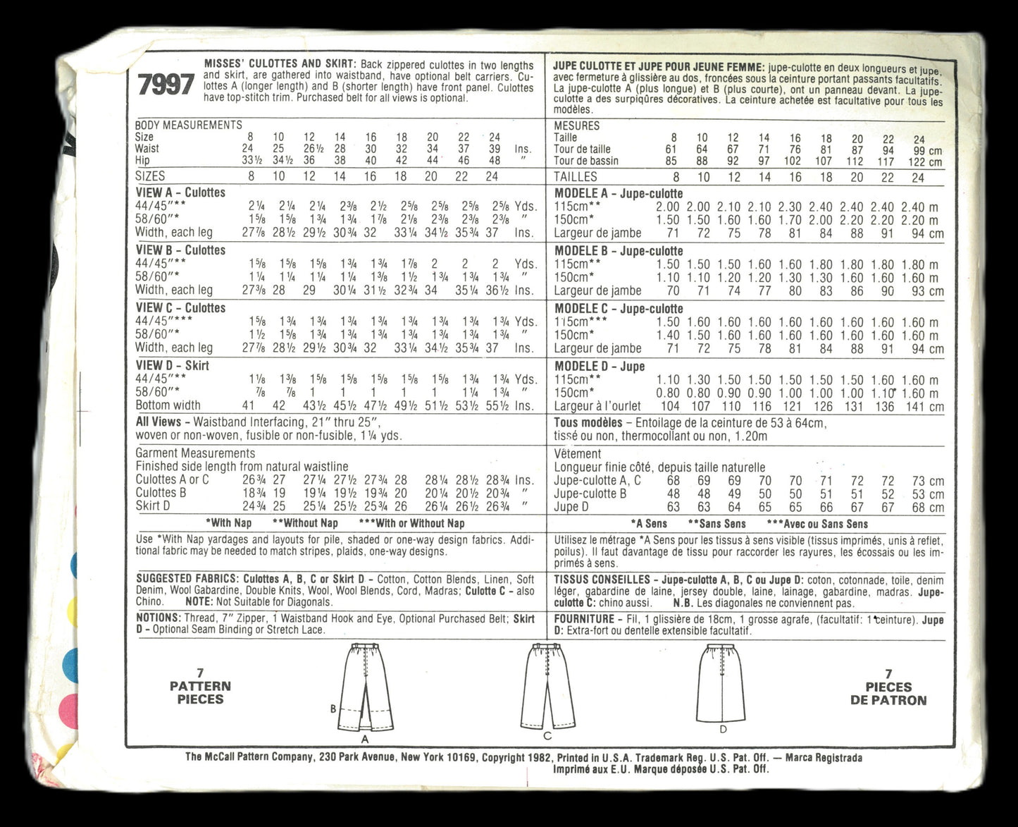 McCalls 7997 Misses Culottes and Skirt Sewing Pattern UNCUT  Size 14 16 18
