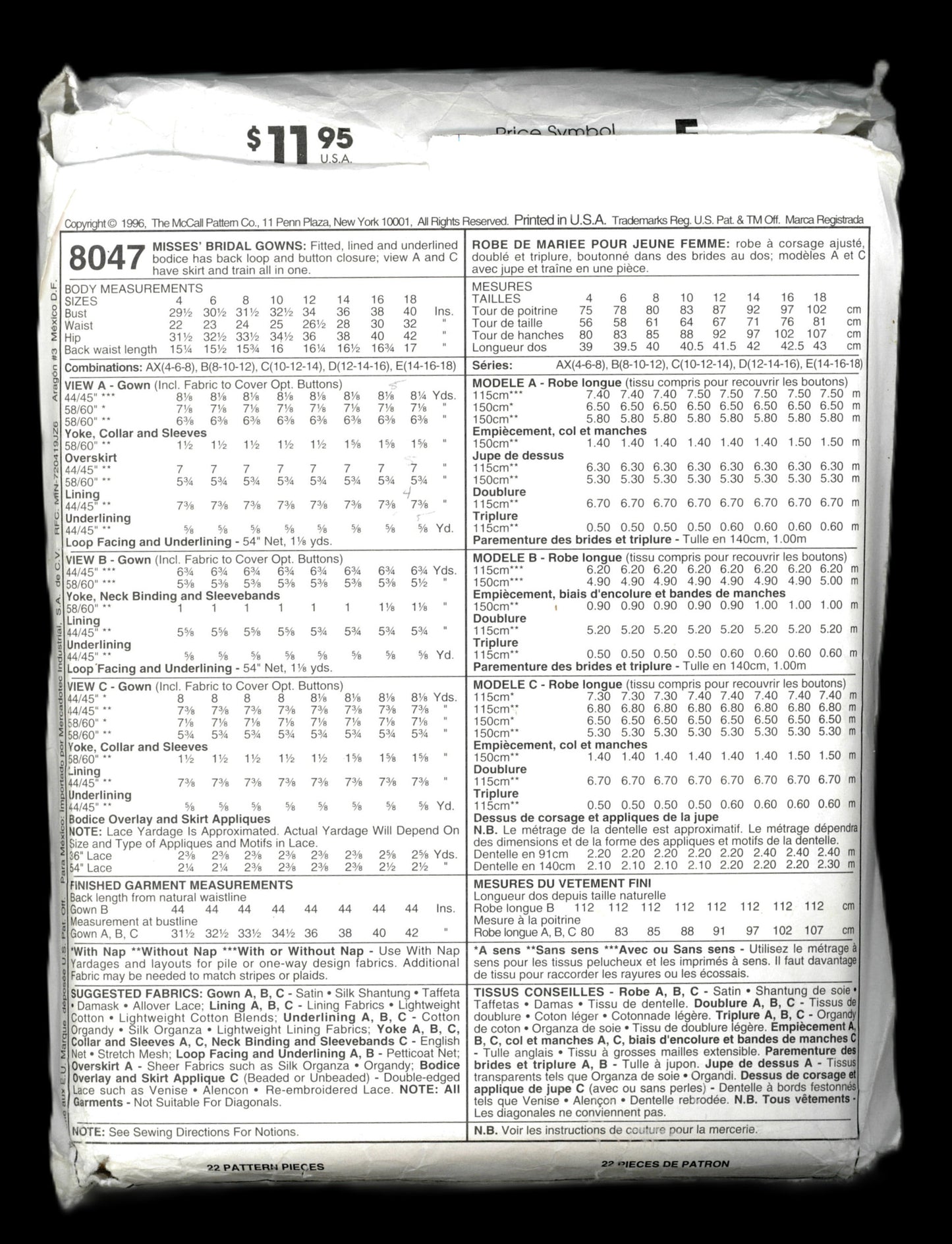 McCalls 8047 Alicyn Misses Bridal Gowns Sewing Pattern - UNCUT - Size 10 12 14
