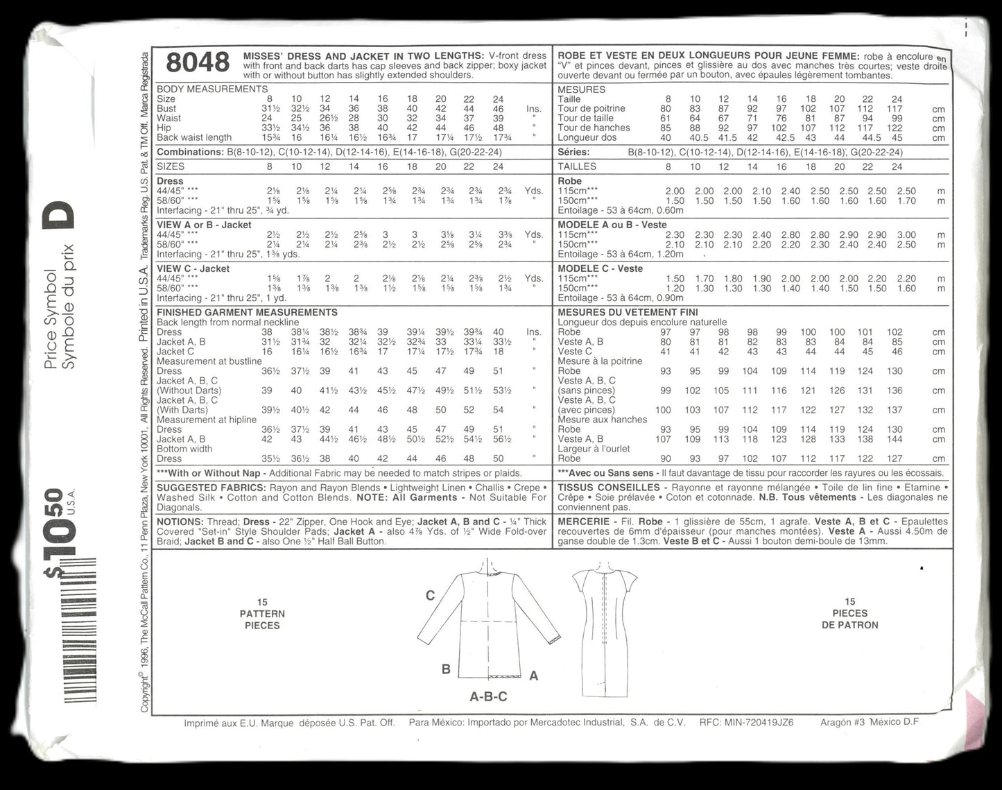 McCalls 8048 Misses Dress and Jacket in Two Lengths Sewing Pattern - UNCUT - Size 8 10 12