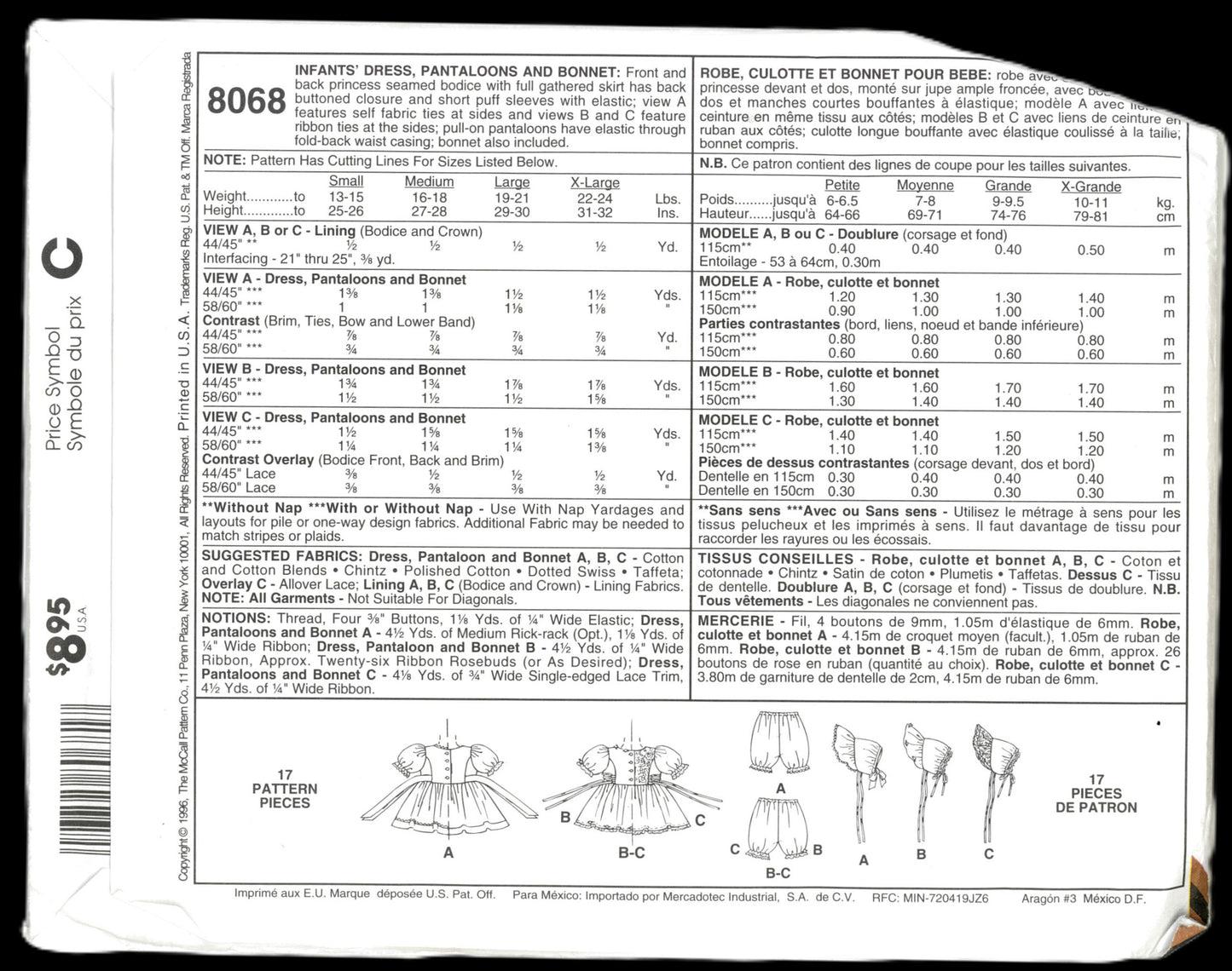 McCalls 8068 Infants Dress Pantaloons and Bonnet Sewing Pattern - UNCUT - Size S M L XL