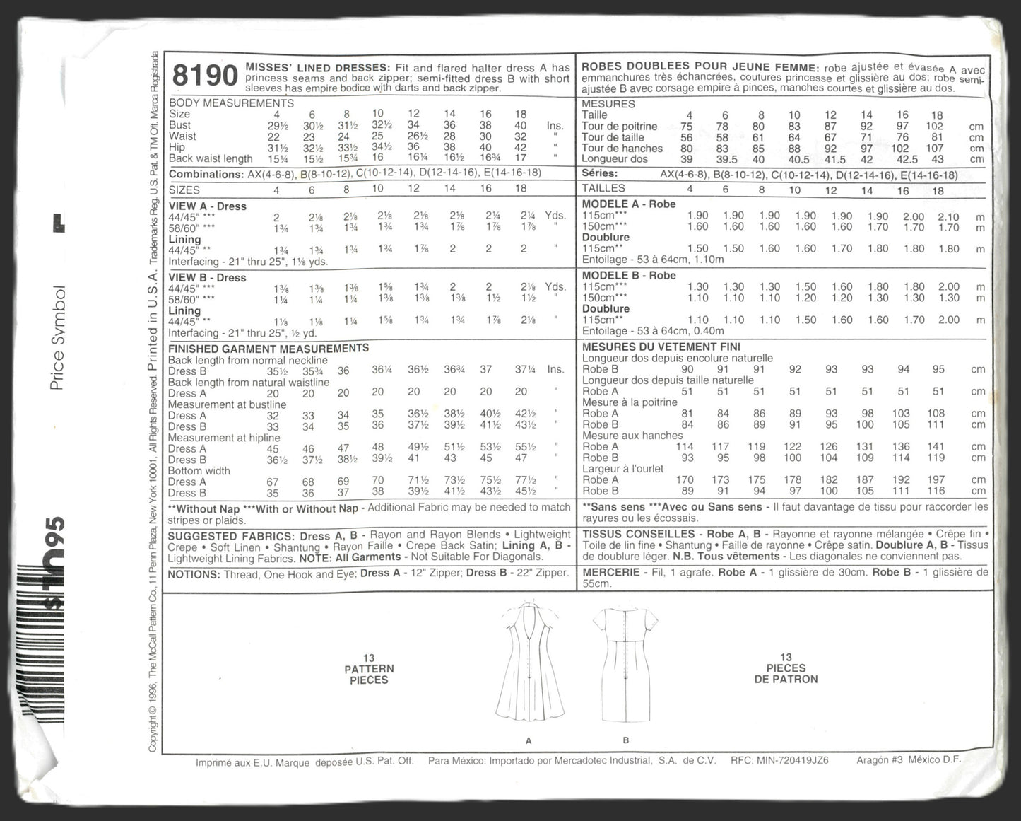 McCalls 8190 LAUNDRY Misses Lined Dresses Sewing Pattern - UNCUT - Size 10 12 14