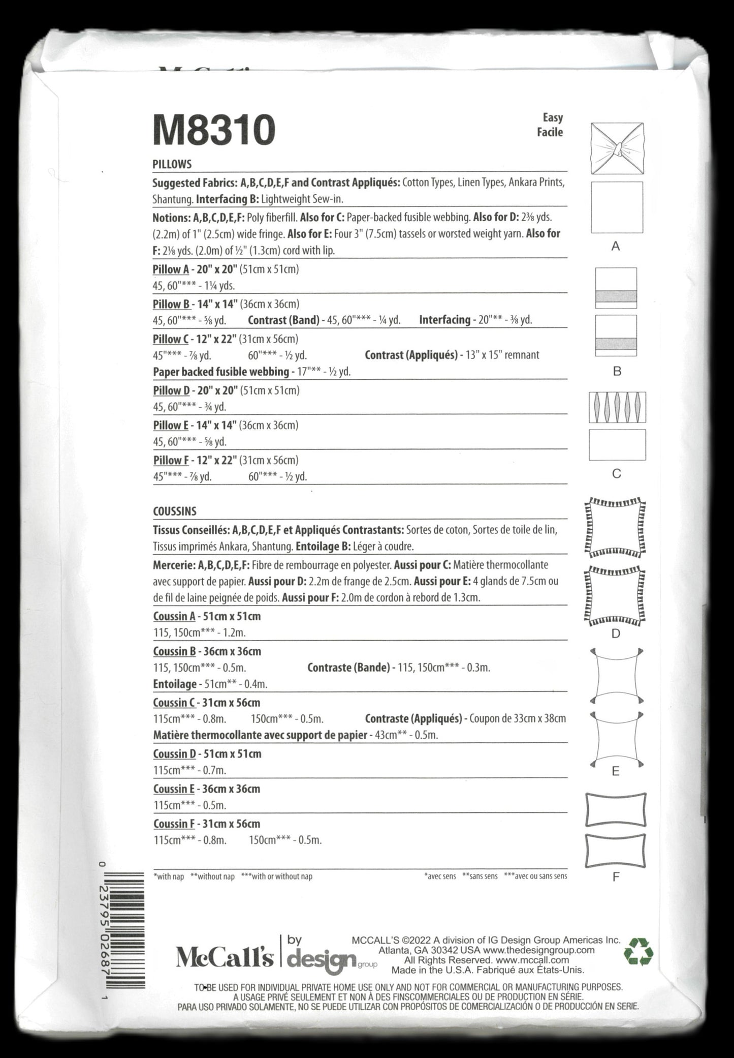 McCalls 8310 Pillows Sewing Pattern - UNCUT