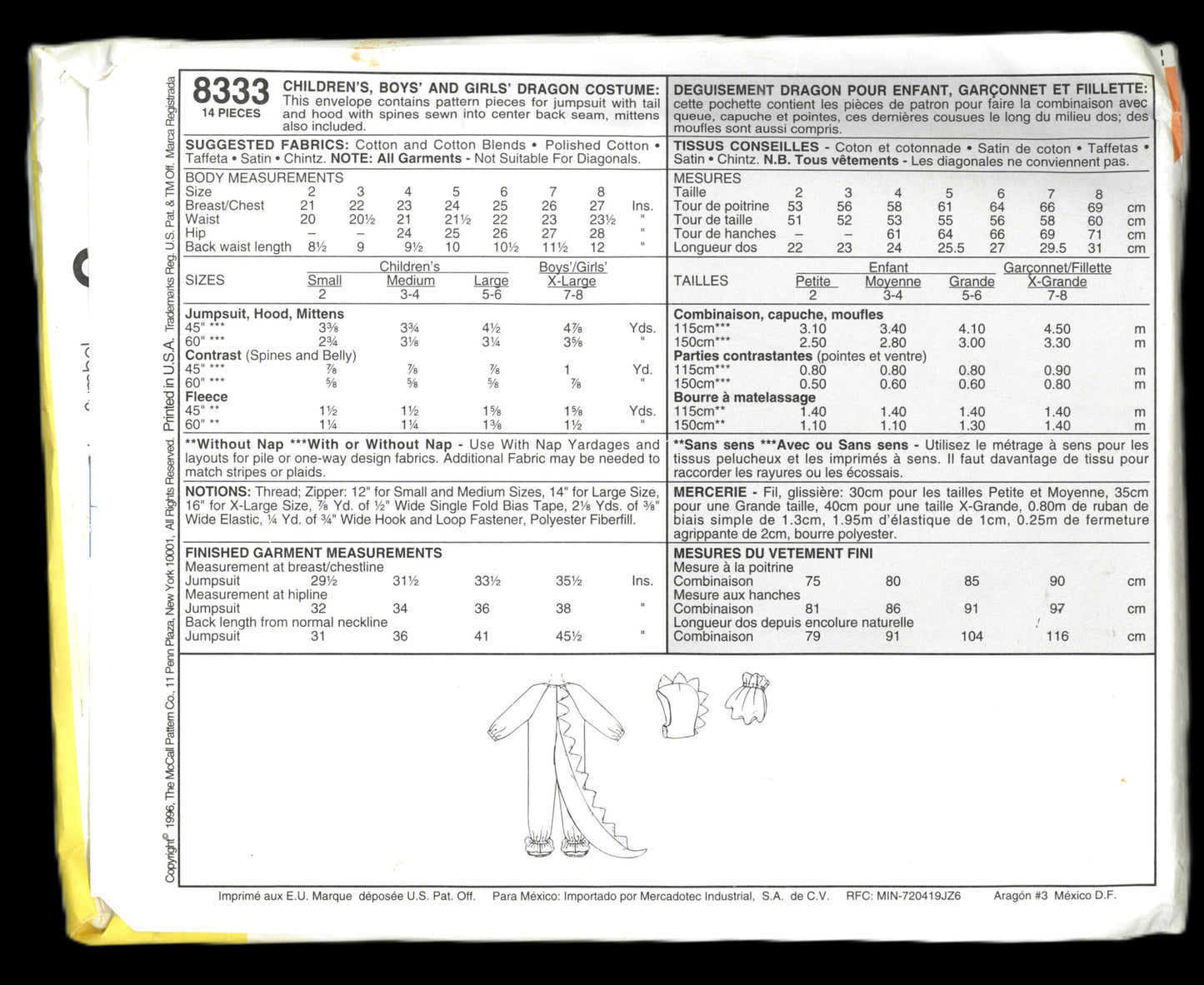 McCalls 8333 Dragon Costumes Sewing Pattern - UNCUT - Size Large ( 5,6)