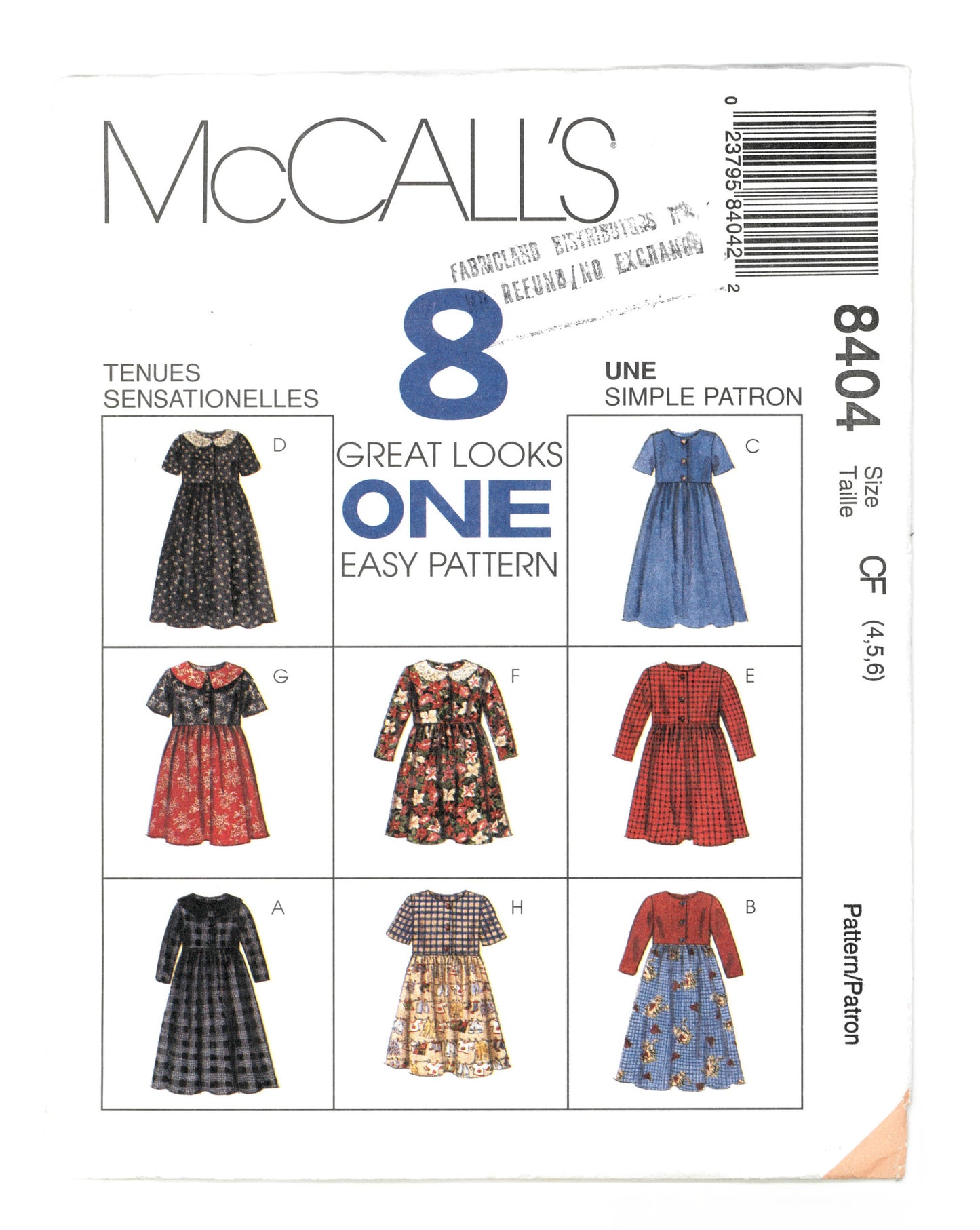 McCalls 8404 Children's and Girls Dress Sewing Pattern UNCUT Size  4 5 6