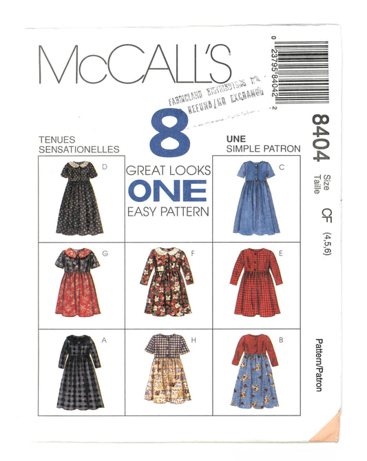 McCalls 8404 Children's and Girls Dress Sewing Pattern UNCUT Size  4 5 6