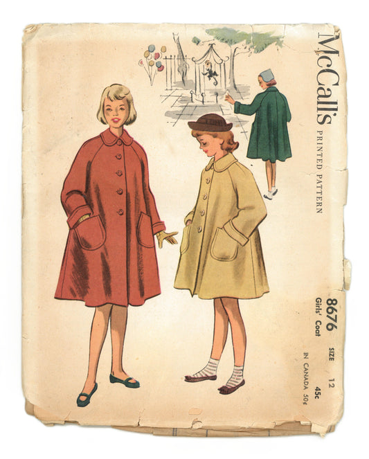 50s McCalls 8676 Girls Coat Sewing Pattern - UNCUT Size 12