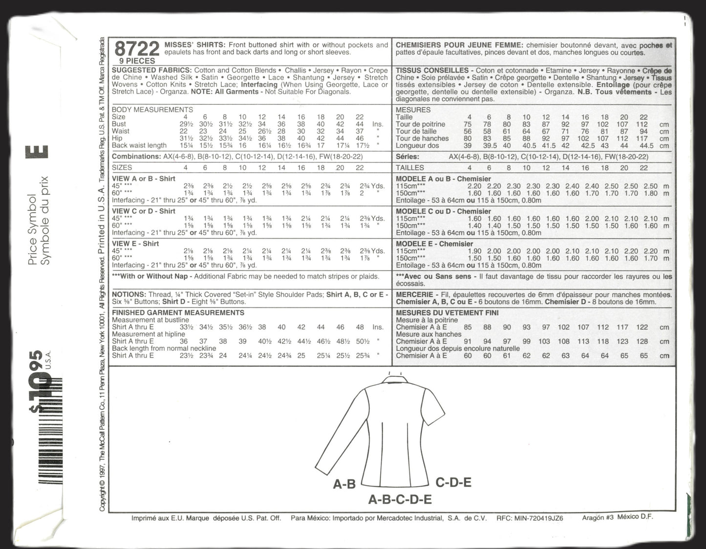 McCalls 8722 Misses Shirts Sewing Pattern UNCUT - Size 10 12 14