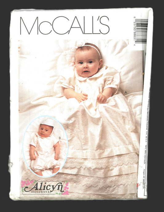 McCalls 8863 ALICYN Infants Christening Gown Rompers and Hat Sewing Pattern UNCUT Size NB S M L