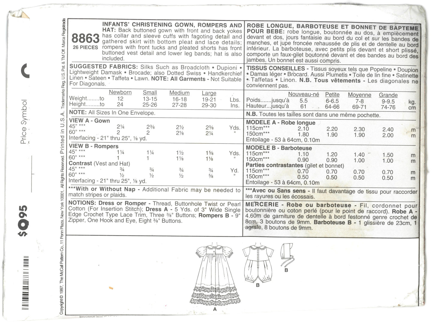 McCalls 8863 ALICYN Infants Christening Gown Rompers and Hat Sewing Pattern UNCUT Size NB S M L