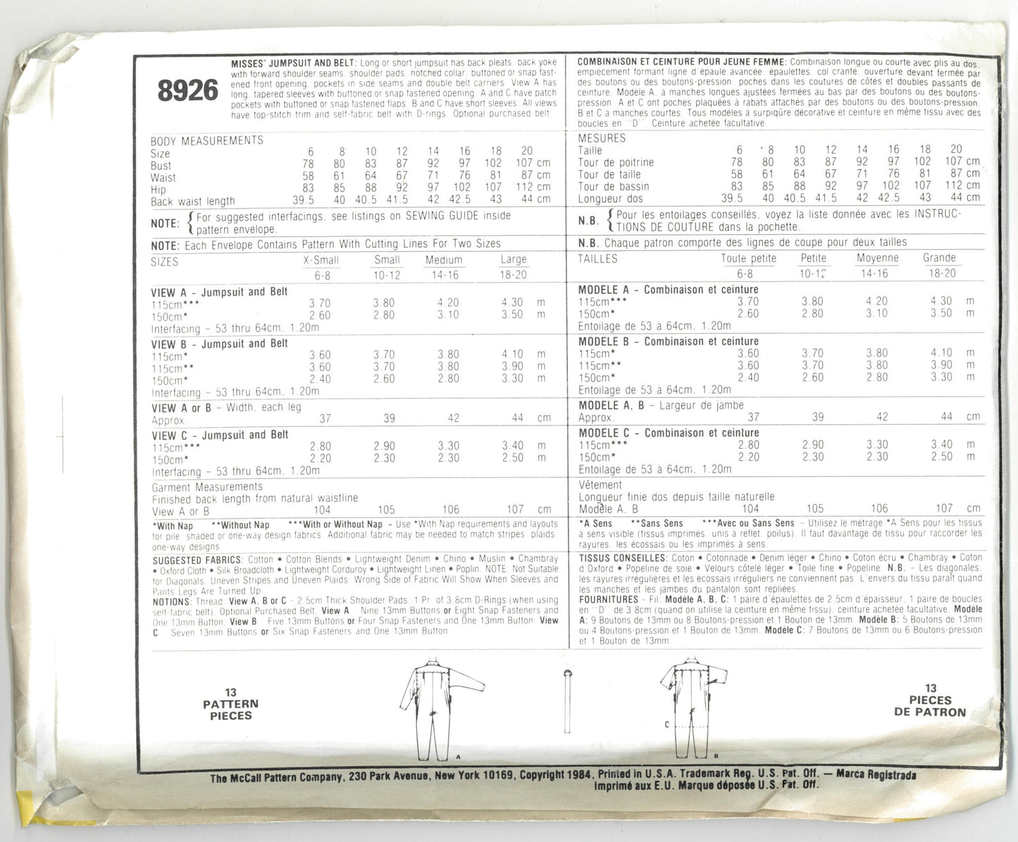 80s McCalls 8926 BROOKE Misses Jumpsuit and Belt Sewing Pattern - UNCUT Size Small ( 6 -8)