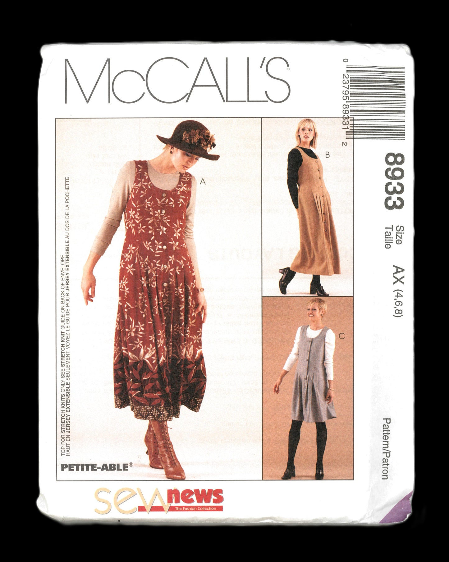 McCalls 8933 MIsses Jumper in Two Lengths and Top - Top for stretch knits only Sewing Pattern - UNCUT - Size 4 6 8