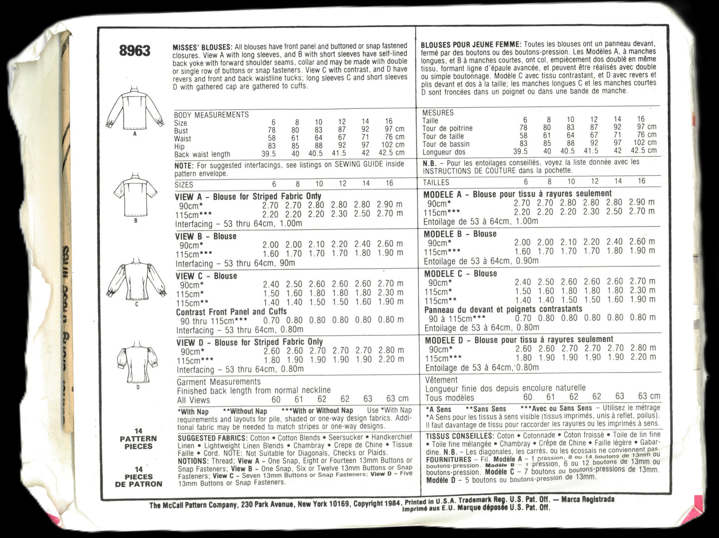 McCalls 8963 Misses Blouses Sewing Pattern UNCUT - Size 12