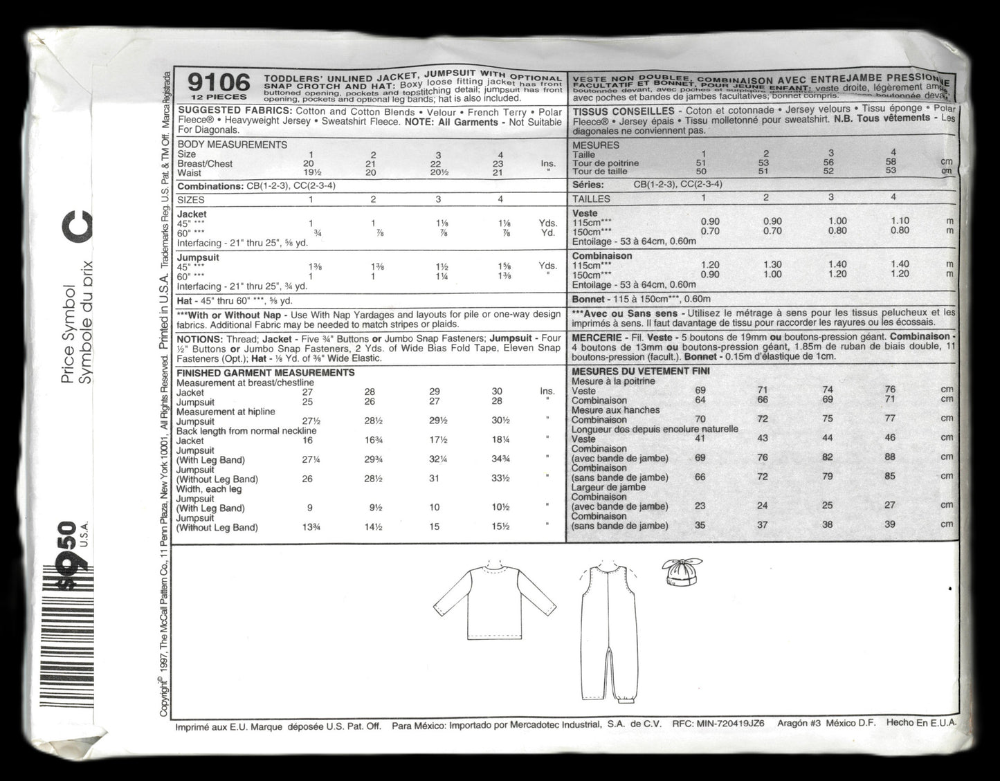 McCalls 9106 Toddlers Unlined Jacket Jumpsuit with Optional Snap Crotch and Hat Sewing Pattern - Size 2 3 4