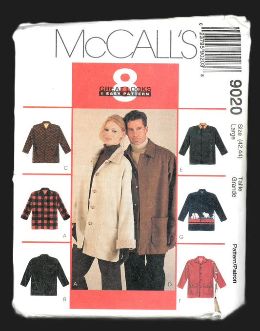 McCalls 9020  Misses and Men's Lined or Unlined Jacket Sewing Pattern UNCUT - Size Large ( 42,44 )