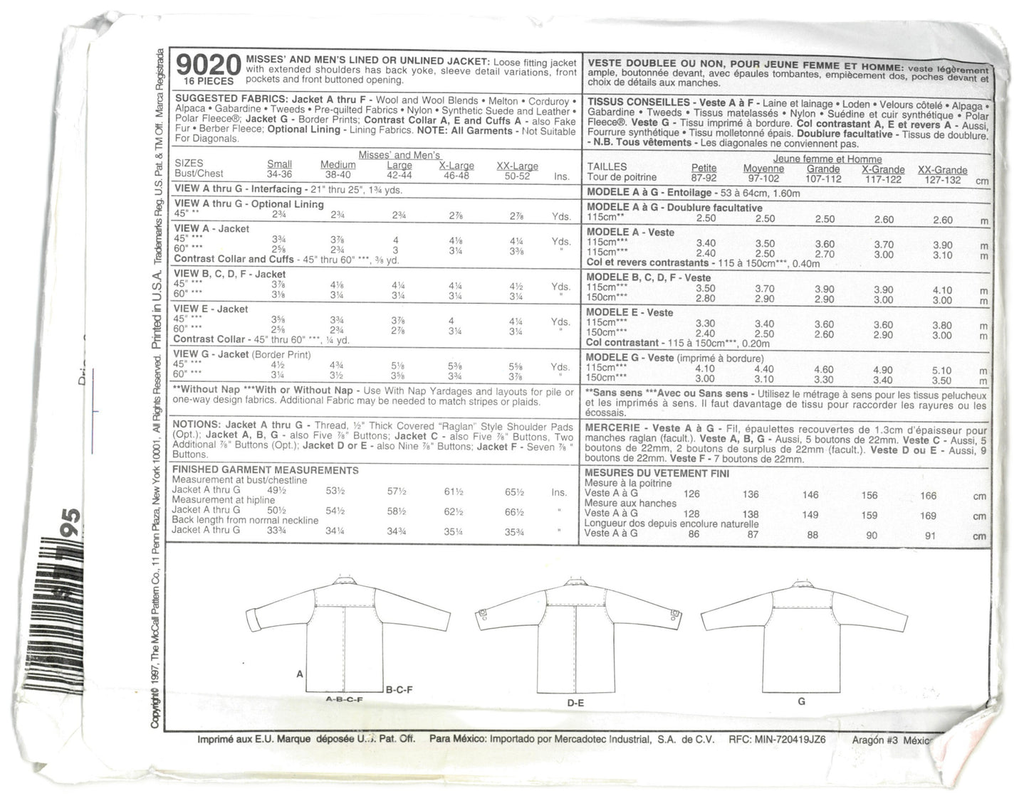 McCalls 9020  Misses and Men's Lined or Unlined Jacket Sewing Pattern UNCUT - Size Large ( 42,44 )