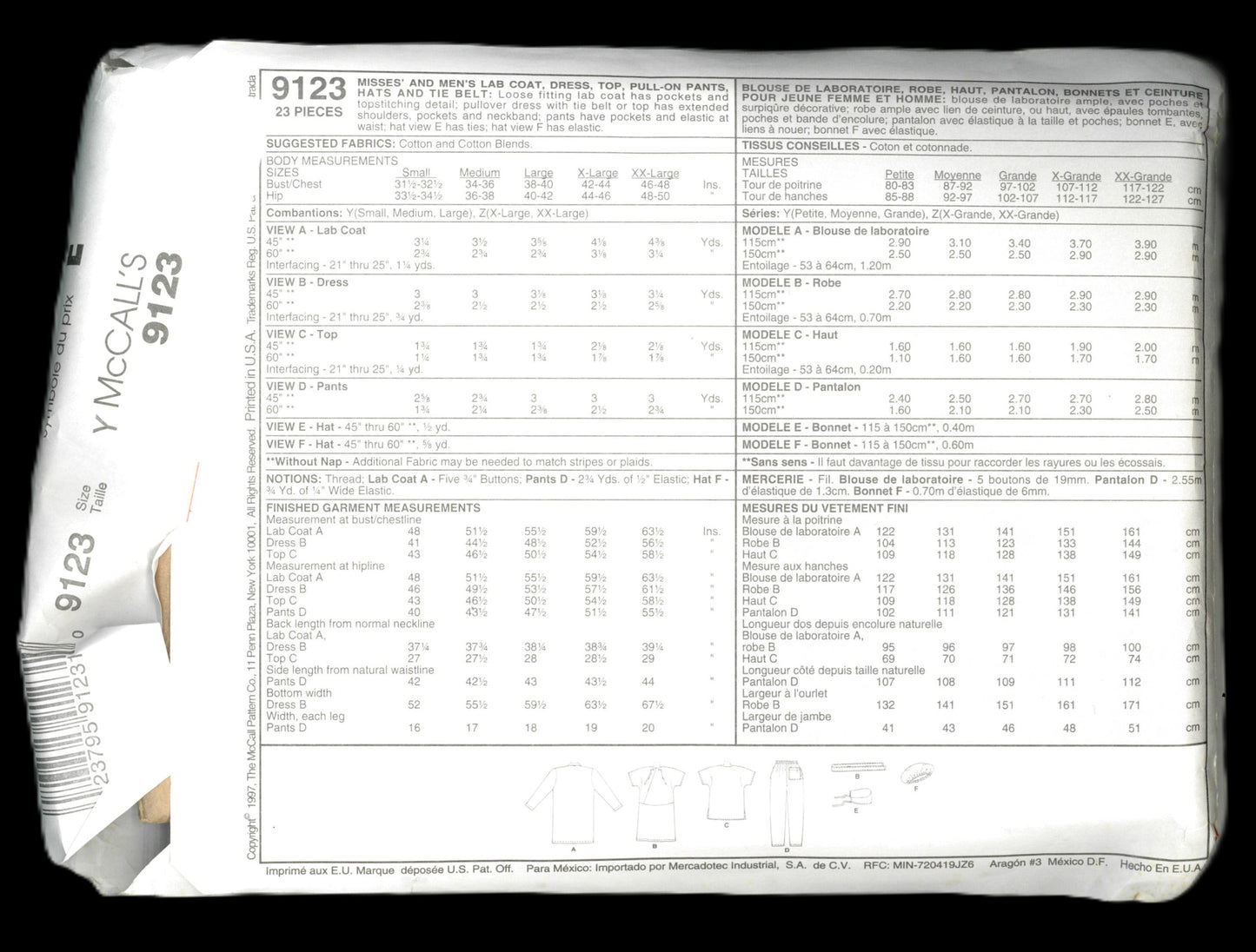 McCalls 9123 Misses and Mens Lab Coat, Dress, Top , Pull on Pants, Hats and Tie Belt Sewing Pattern - UNCUT - Size Sml Med Lrg