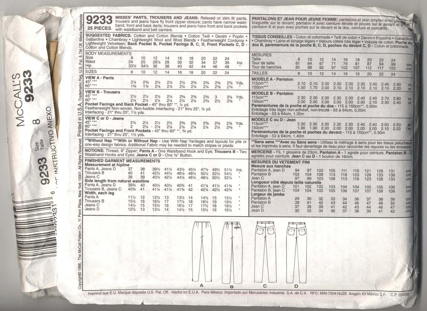 McCalls 9233  Palmer / Pletsch Misses Pants Trousers and Jeans Sewing Pattern UNCUT  Size 8