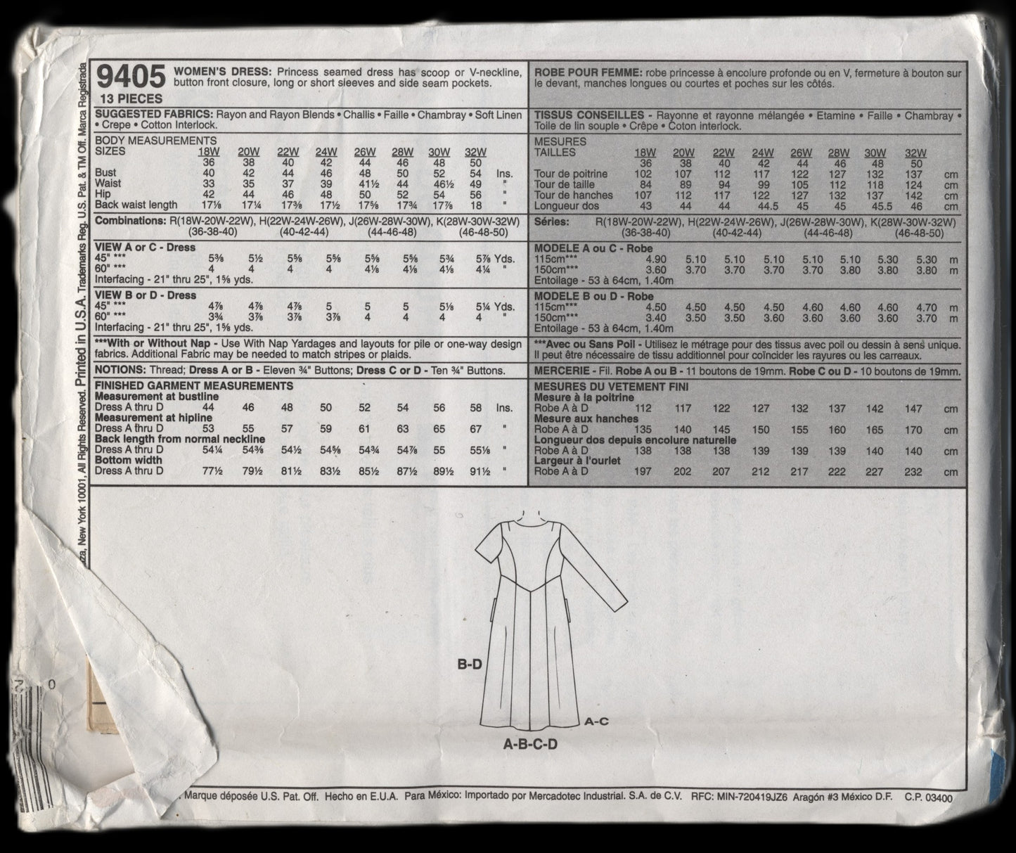 McCalls 9405 Womens  Dress Sewing Pattern UNCUT Size 28W 30W 32W 46 48 50
