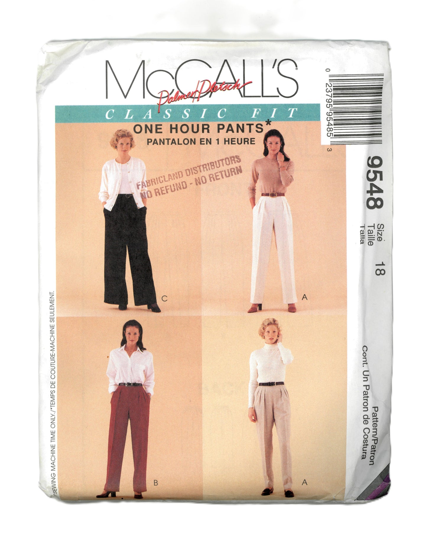 McCalls 9548 Palmer / Pletsch Misses Classic Pull On Pants Sewing Pattern UNCUT  Size 18