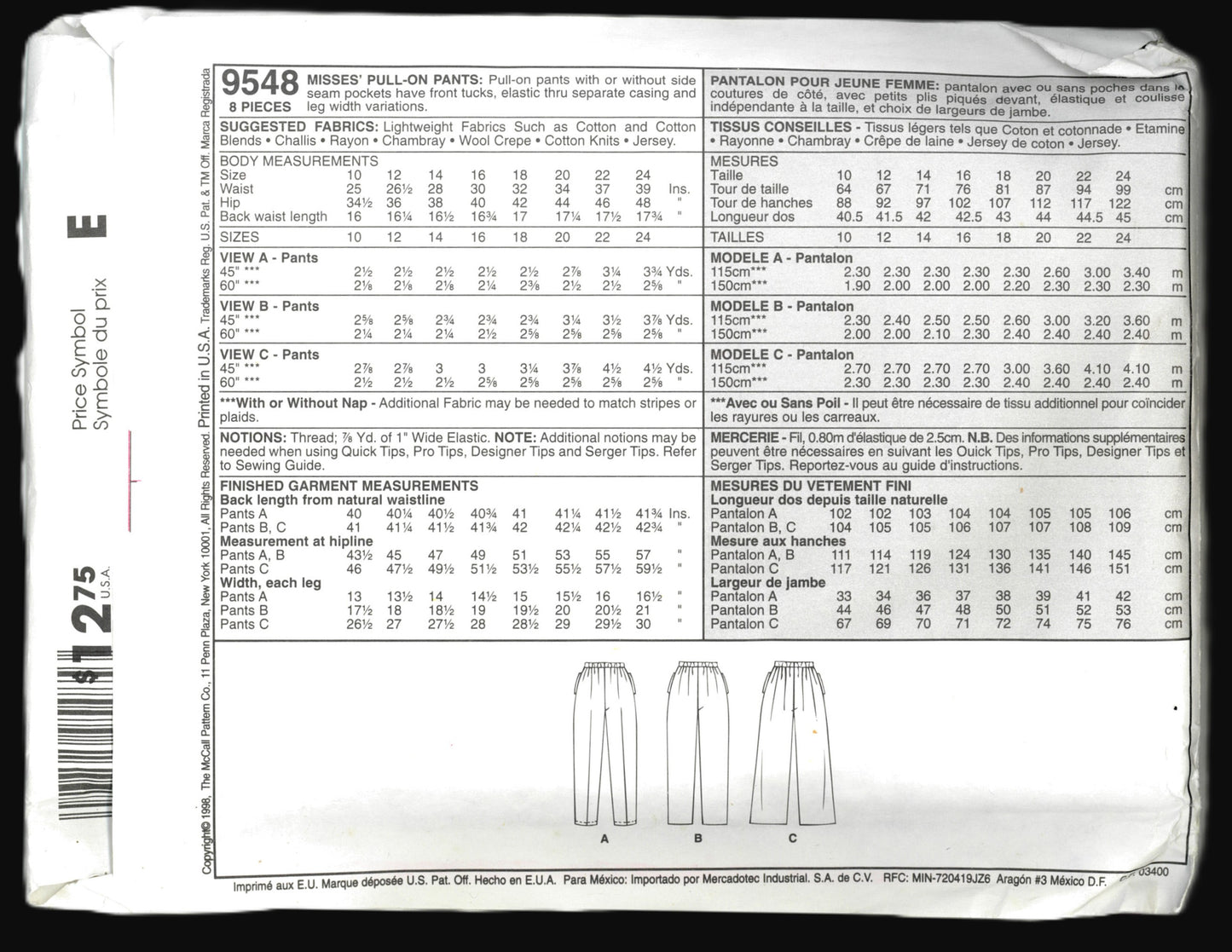 McCalls 9548 Palmer / Pletsch Misses Classic Pull On Pants Sewing Pattern UNCUT  Size 18
