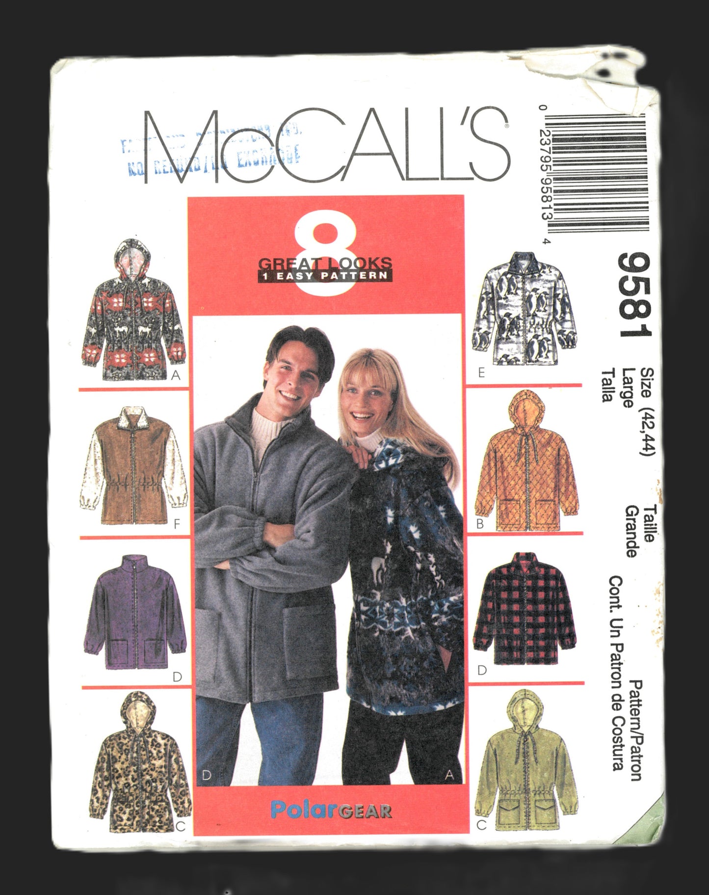 McCalls 9581 Misses and Mens Unisex Jacket Sewing Pattern UNCUT - Size Medium ( 38,40) or Size Large ( 42,44)