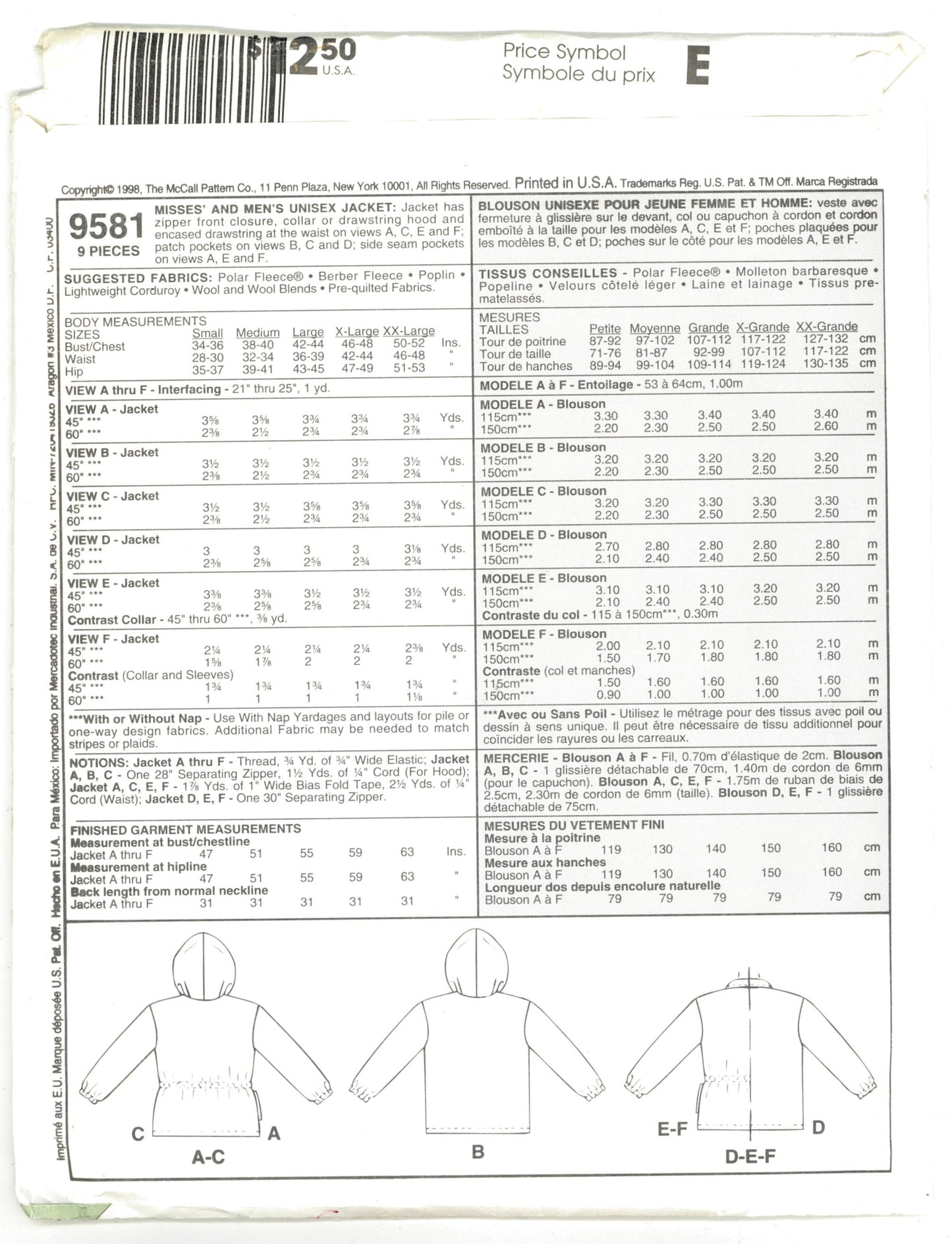 McCalls 9581 Misses and Mens Unisex Jacket Sewing Pattern UNCUT - Size Medium ( 38,40) or Size Large ( 42,44)