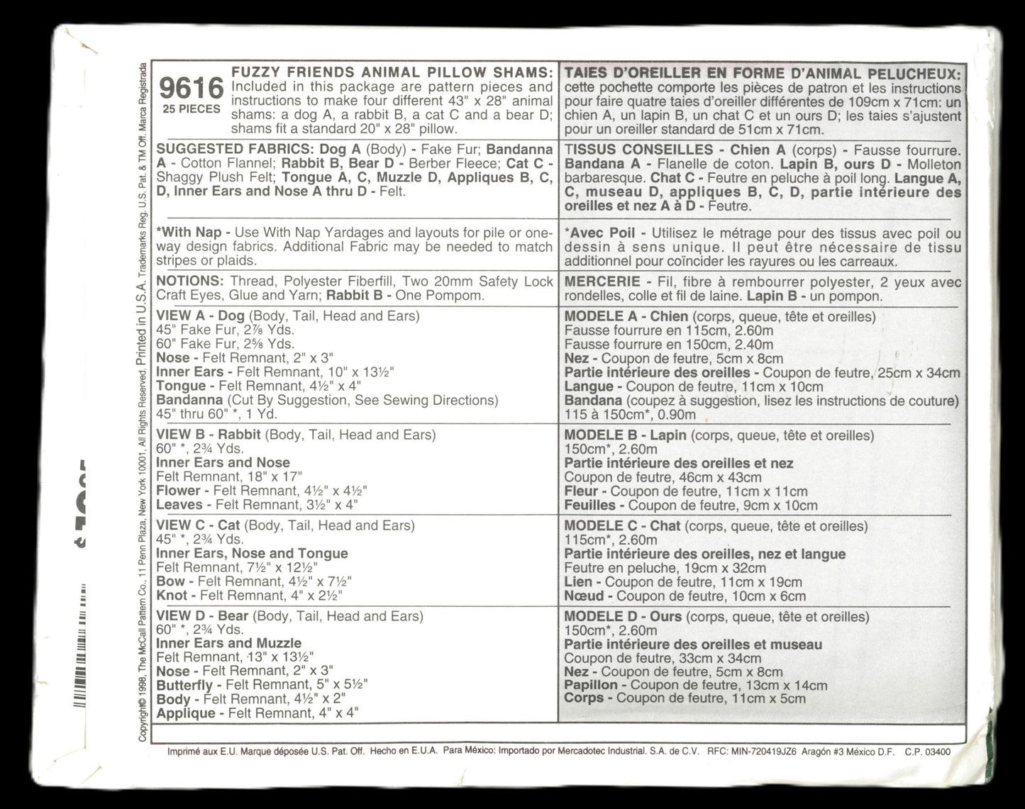 McCalls 9616 Fuzzy Friends Animal Pillow Shams Sewing Pattern UNCUT