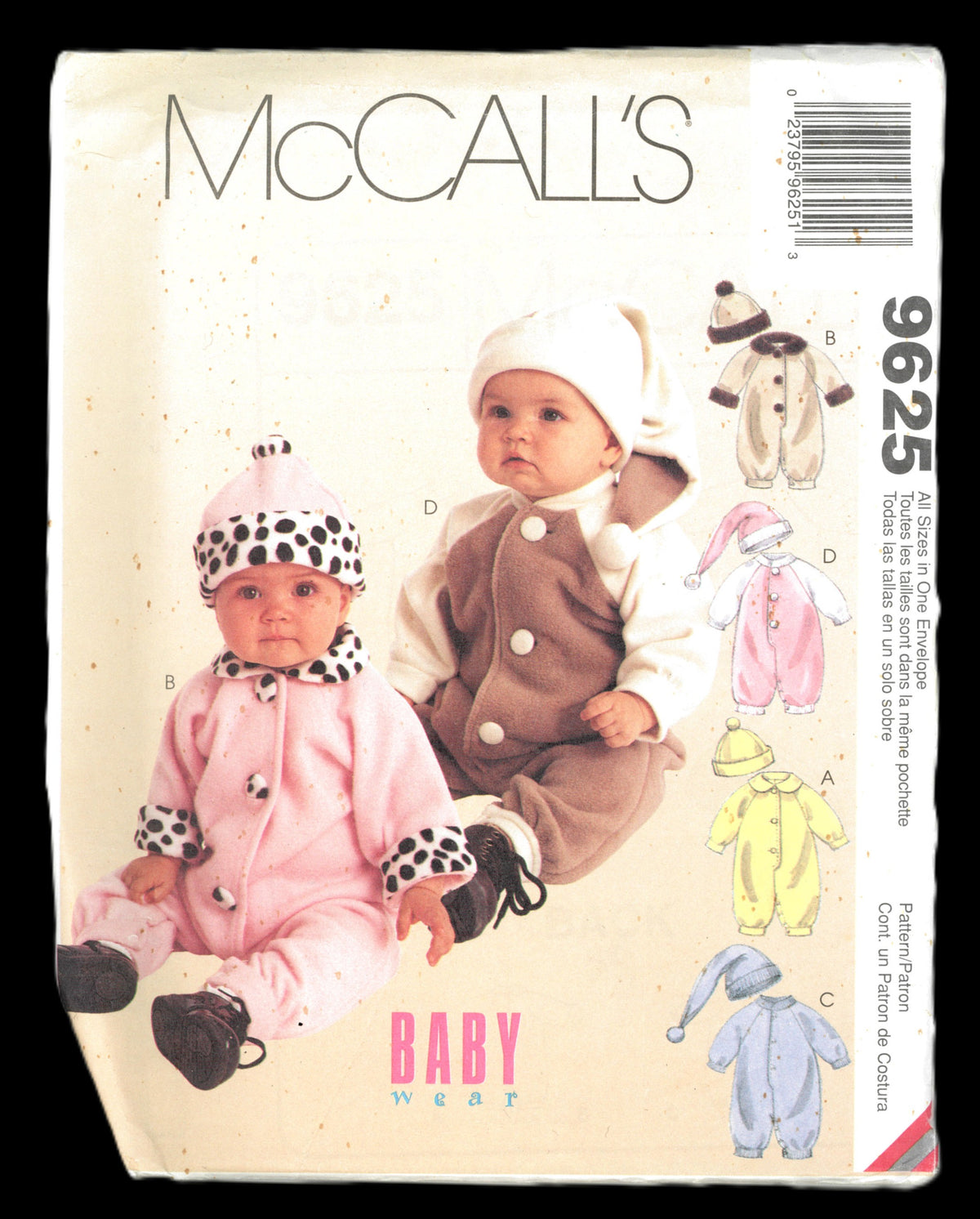 McCalls 9625 Infants Jumpsuit with Snap Crotch and Hats Sewing Pattern - UNCUT -  Size S M L XL
