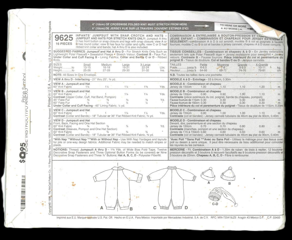 McCalls 9625 Infants Jumpsuit with Snap Crotch and Hats Sewing Pattern - UNCUT -  Size S M L XL
