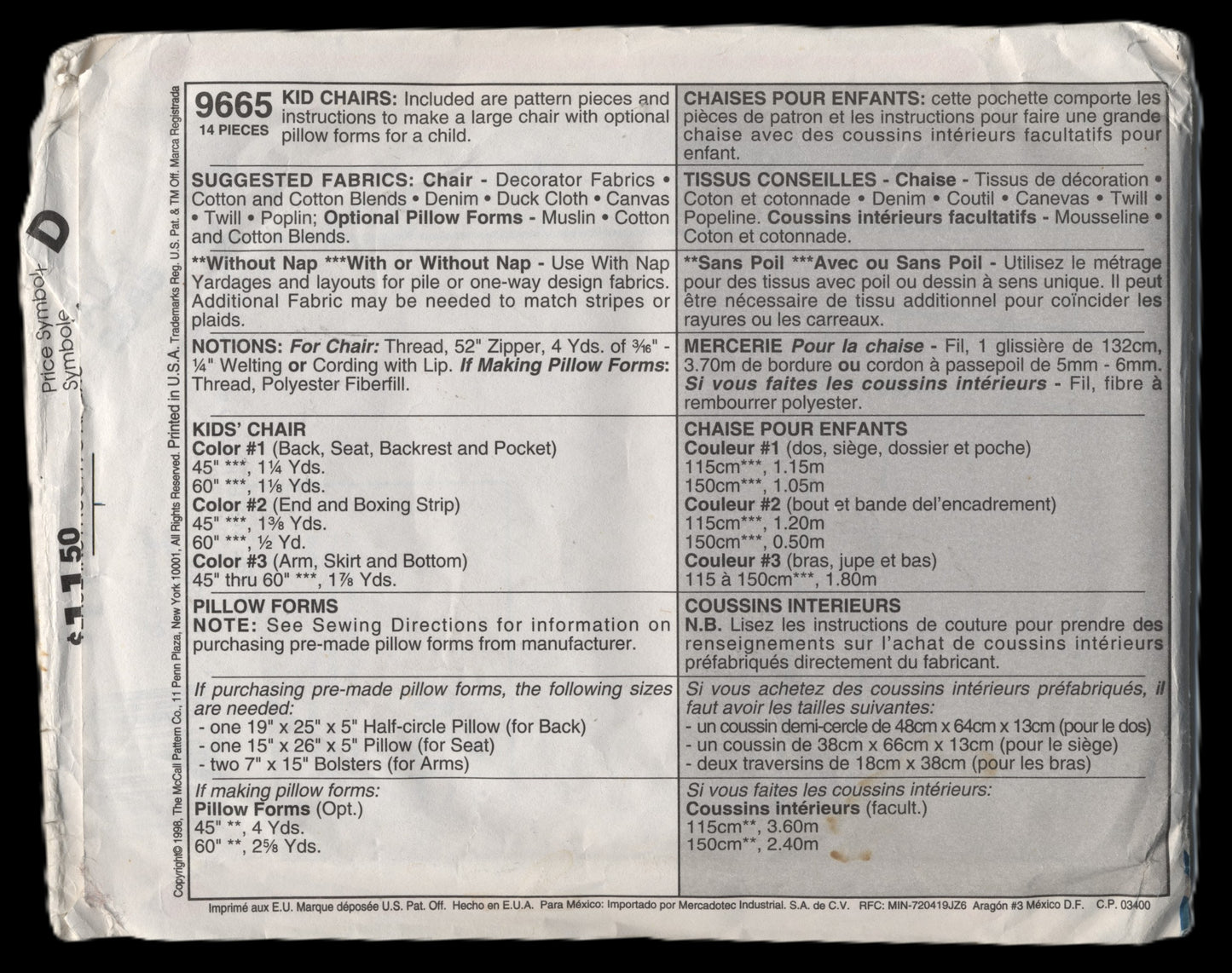 McCalls 9665 Kids Chairs Sewing Pattern - UNCUT