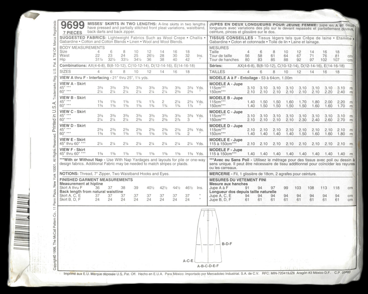 McCalls 9699 Misses Skirts in Two Lengths Sewing Pattern UNCUT Size 8 10 12 or Size 12 14 16