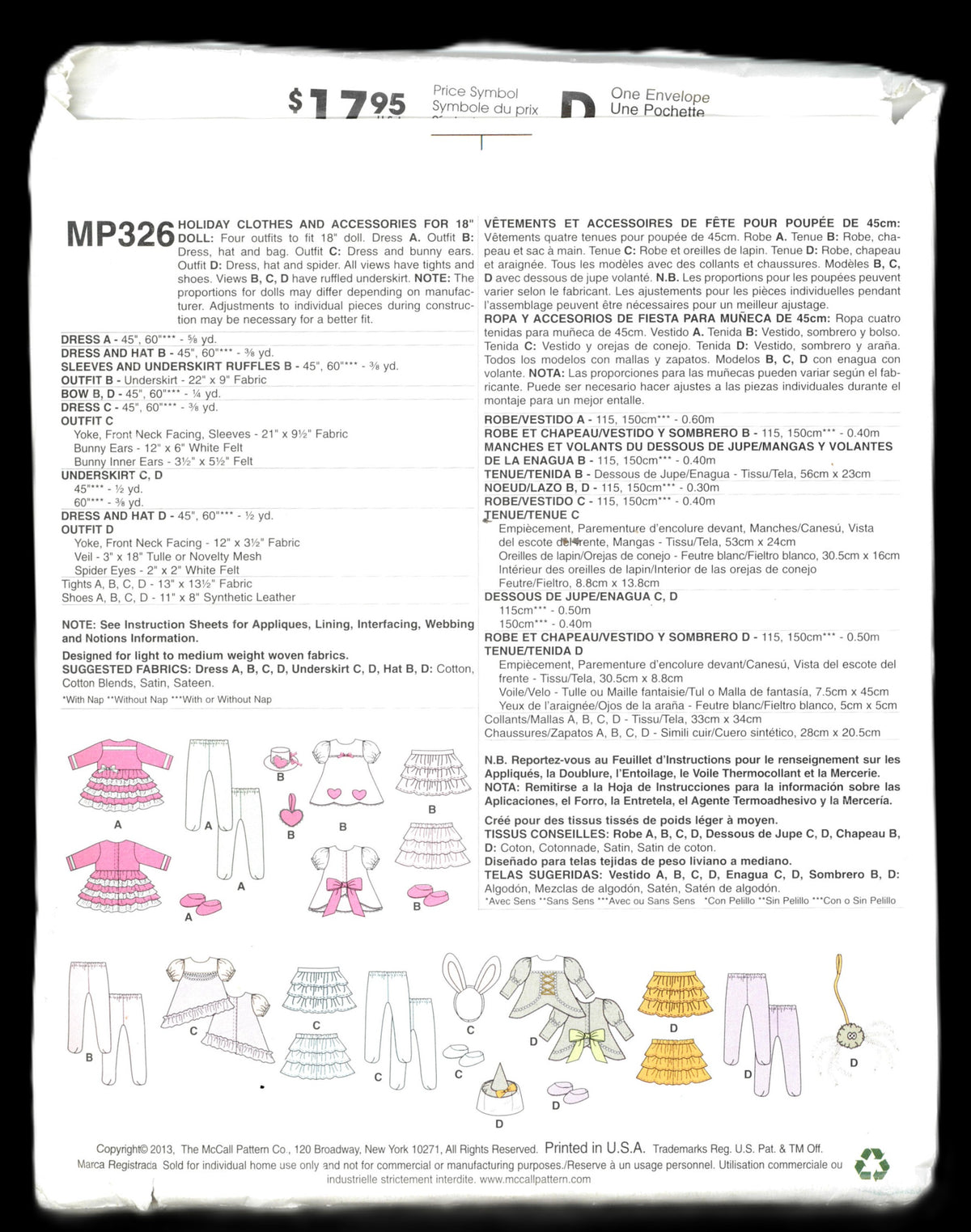 McCalls P326 Holiday Clothes and Accessories for 18" American Doll Sewing Pattern UNCUT