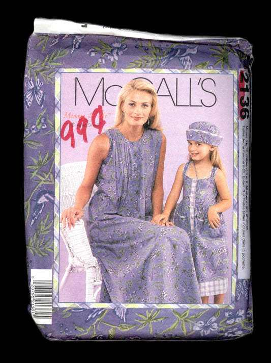 McCalls 2136 Mother and Daughter - Mises Dress and Girls Dress Hat and Purse Sewing Pattern UNCUT Childs Size 3 - 8  Misses Size 8 to 22