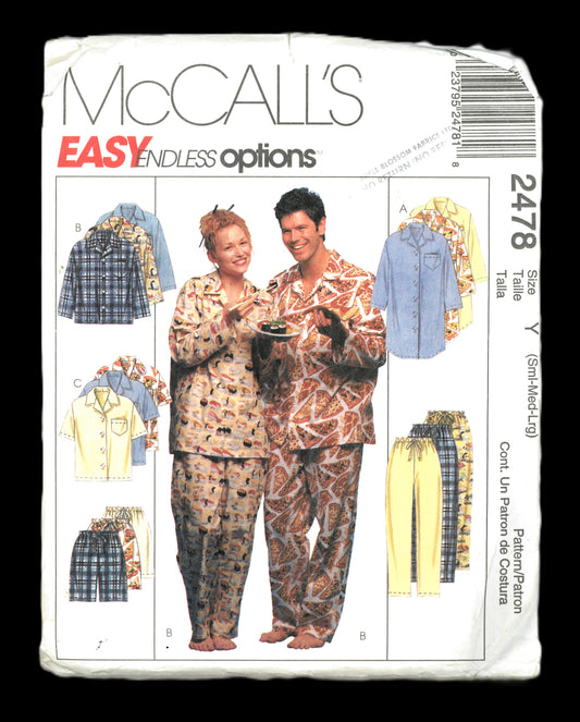 McCalls 2478  Misses, Men's and Teen Boys Nightshirt or Top , Pull on Pants or Shorts Sewing Pattern  UNCUT Size Sml Med Lrg