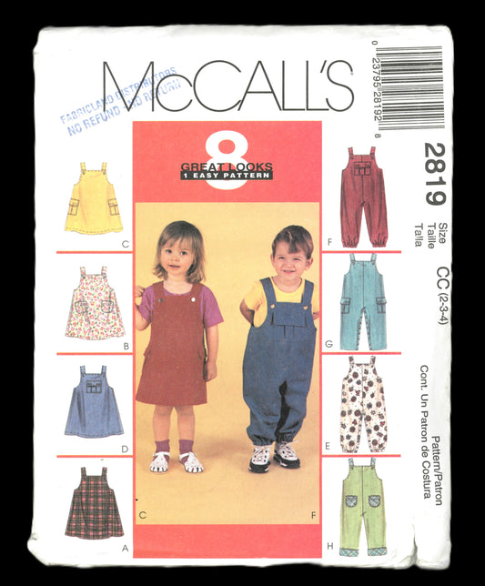 McCalls 2819 Toddlers Jumper and Jumpsuit with Optional Snap Crotch Sewing Pattern - Size 2 3 4
