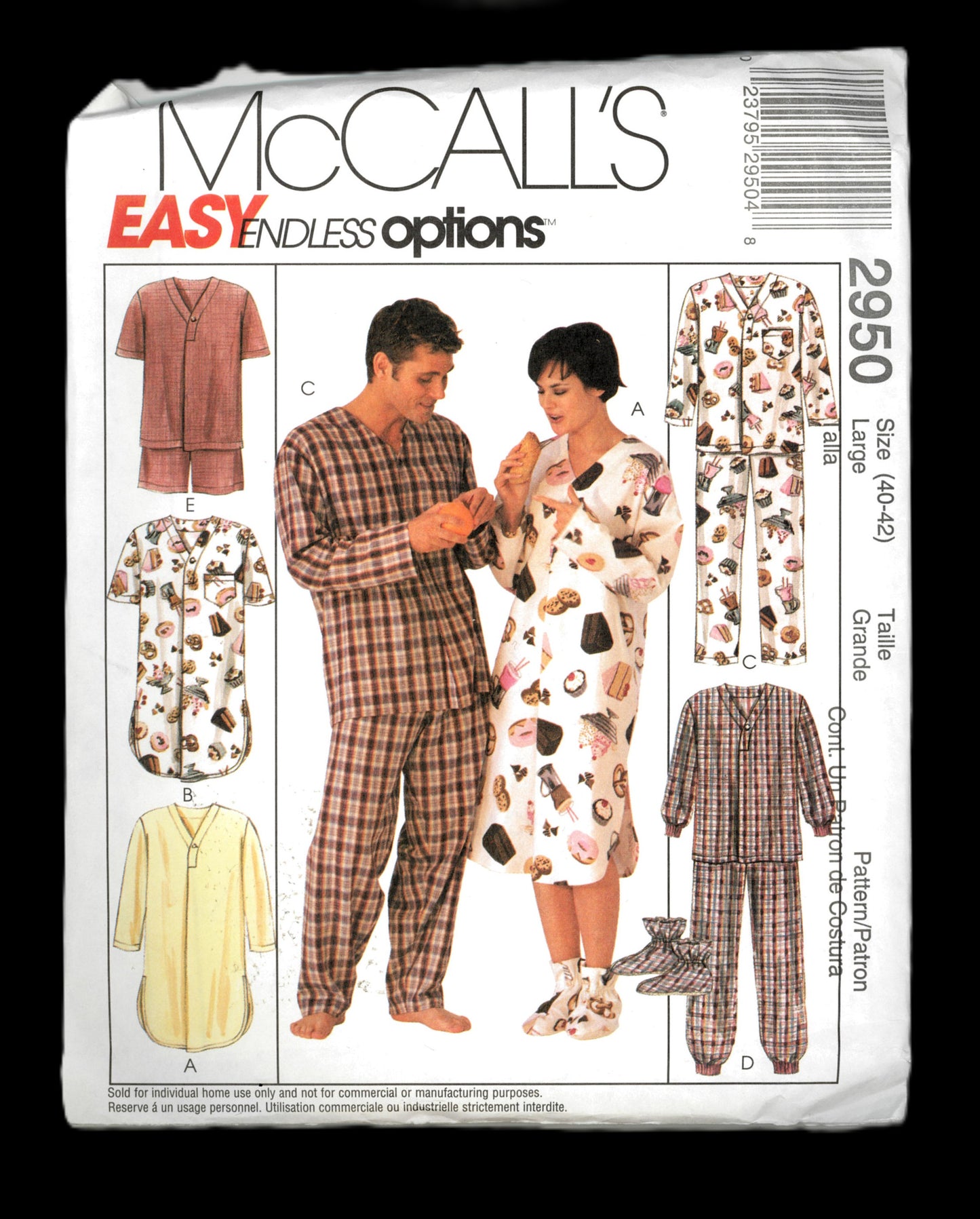 McCalls 2950 Misses Mens and Teen Boys Sleepwear, Hat and Booties Pattern -  UNCUT Size Large ( 40,42)