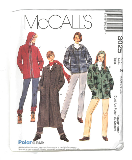 McCalls 3025  Misses  Unlined Coat and Jacket in Two Lengths Sewing Pattern UNCUT - Size Med Lrg Xxl