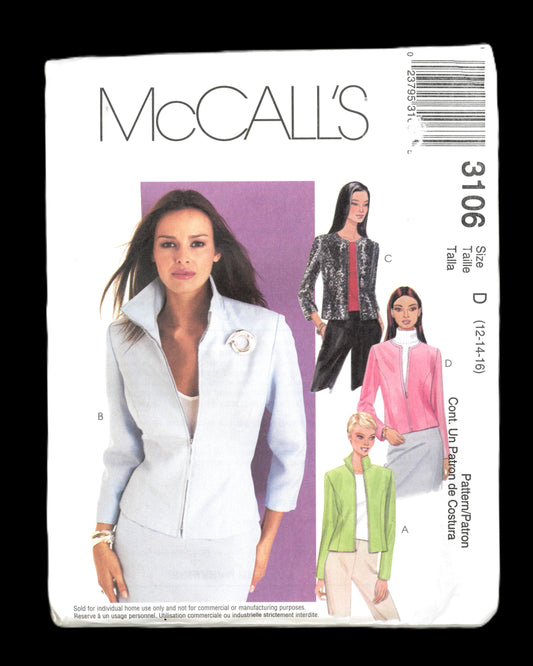 McCalls 3106 Misses Lined Jackets Sewing Pattern - UNCUT - Size 12 14 16