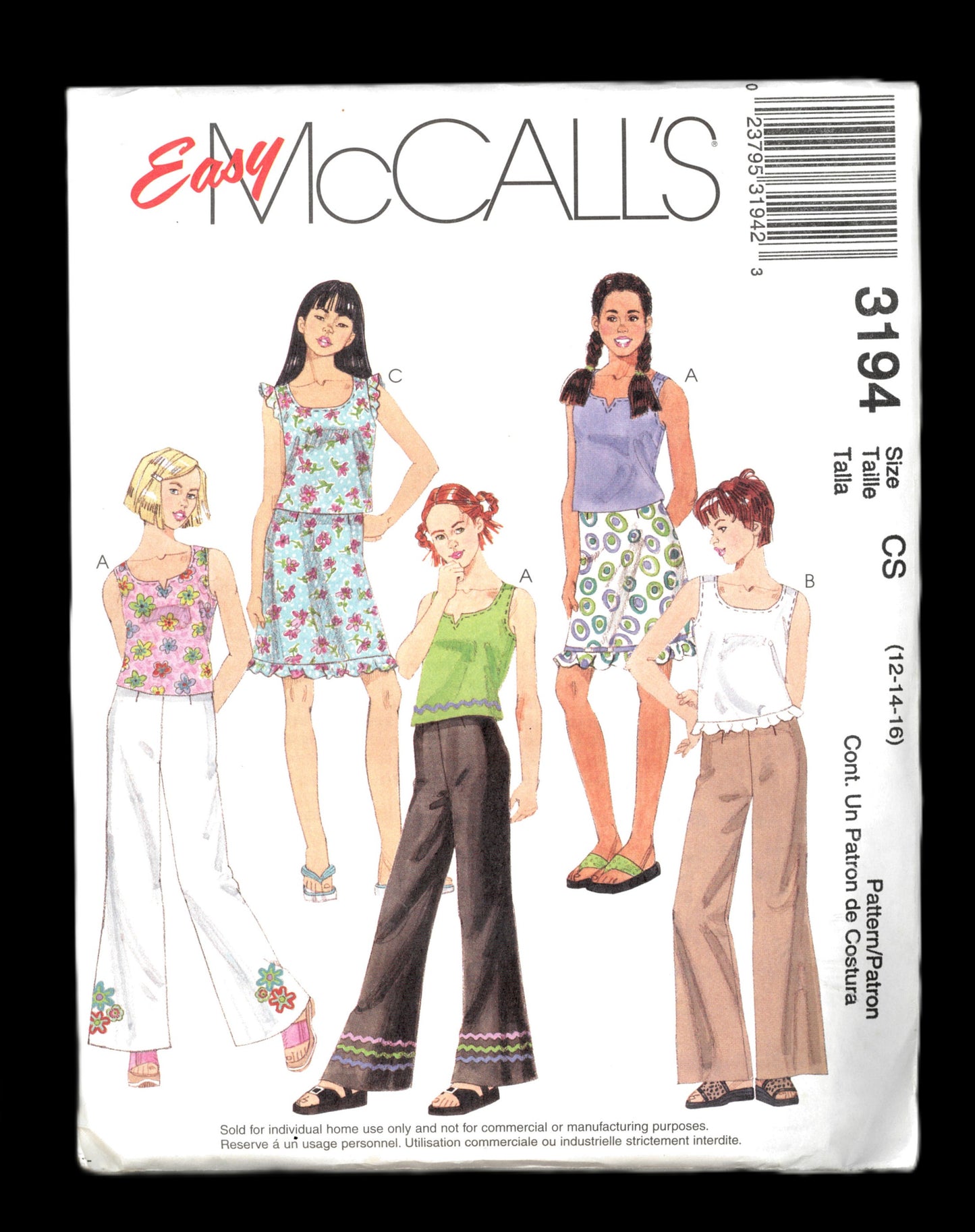 McCalls 3194 Girls Tops Pants and Skirts Sewing Pattern - UNCUT Size 12 14 16