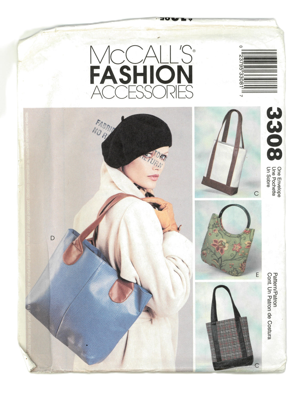 McCalls 3308 Fashion Accessories Lined Bags Sewing Pattern - UNCUT